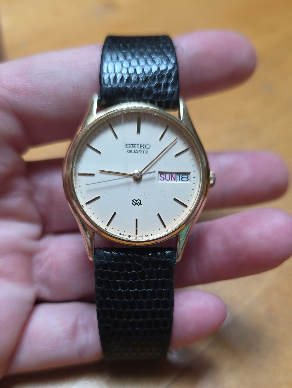 Seiko 1981  Quartz Gold Case Black Strap Men's Watch - White Dial